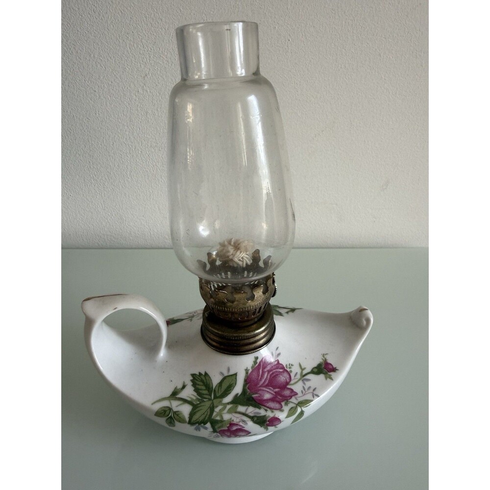 Vintage Ceramic Oil Lamp Floral Rose Porcelain Kerosene Lantern Glass Chimney